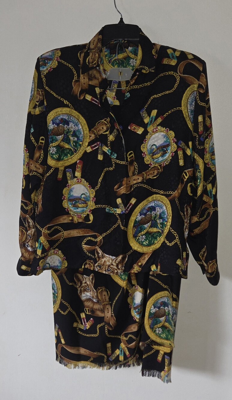 Vtg Jerri Sherman Print 100% Silk Blouse suit shirt skirt sz 10 Secretary 2 Pc